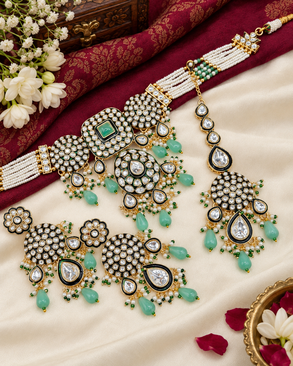 Royal Kundan & Pearl Choker Necklace Set with Maang Tikka & Earrings