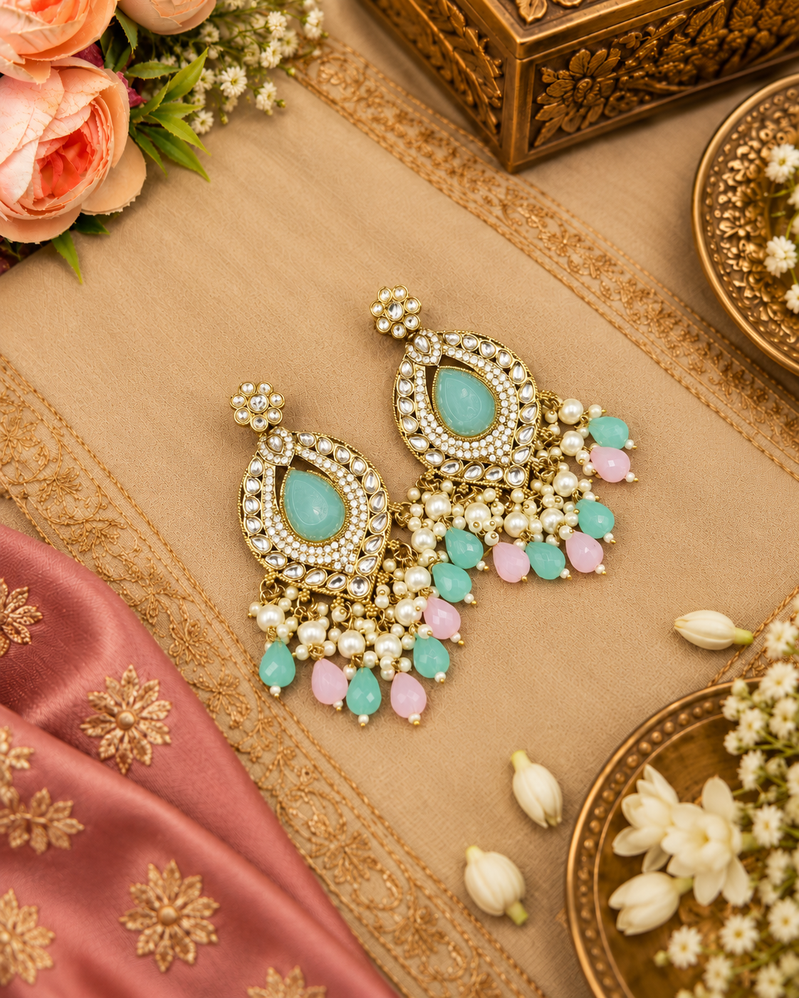 INTRICATE OVAL FRAME DROP EARRINGS WITH PEARL & BEAD CLUSTER
