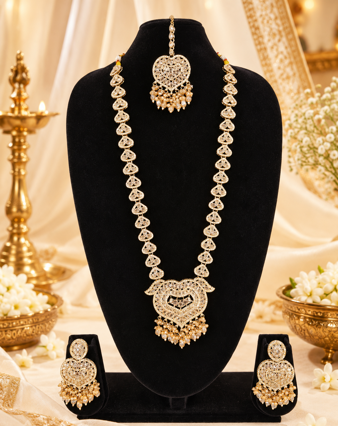 Lavender Purple Heart Shaped Long Necklace Set with Earrings & Maang Tikka