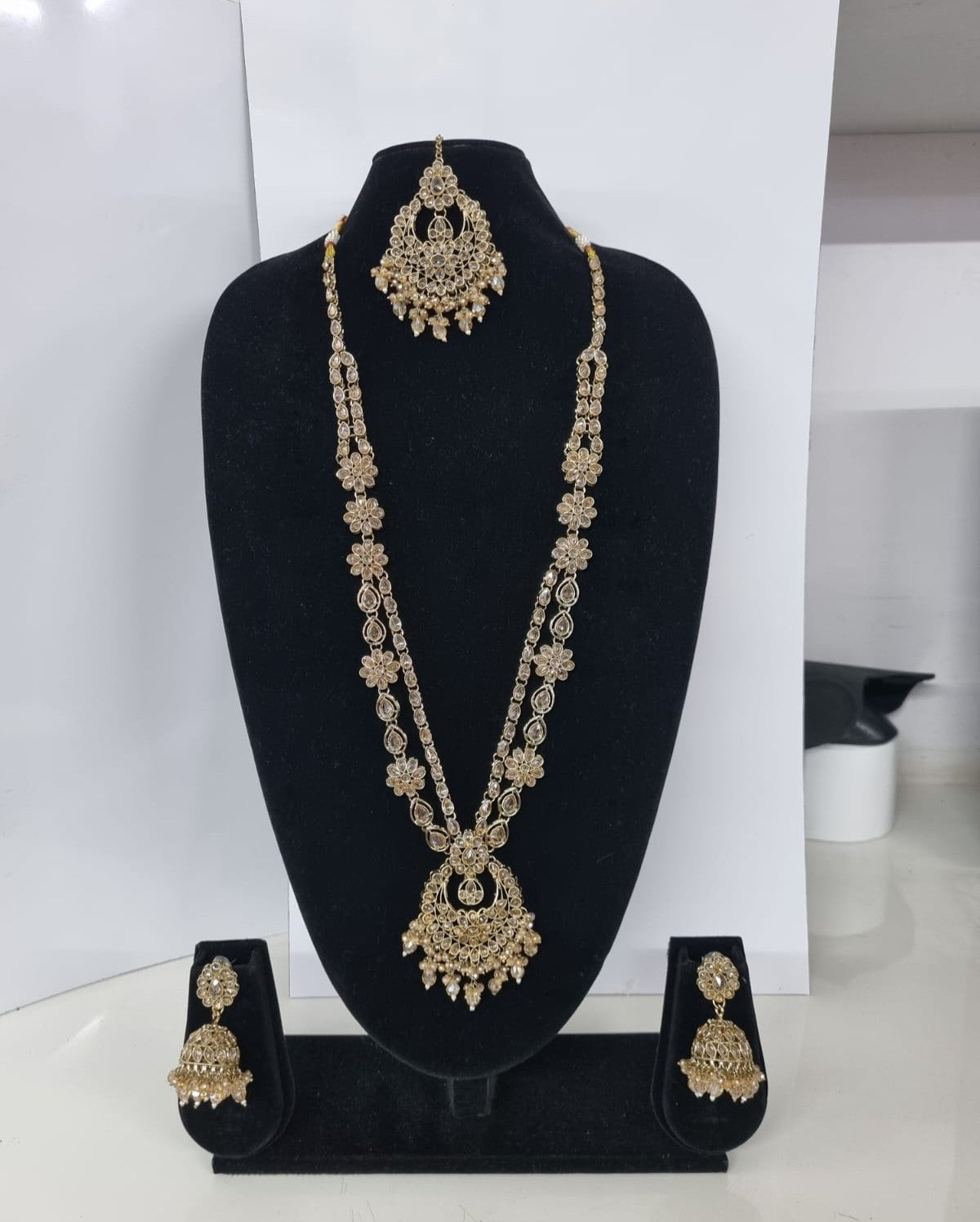 Rose Petal Pink Stone Long Necklace Set with Jhumkas