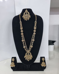 Rose Petal Pink Stone Long Necklace Set with Jhumkas
