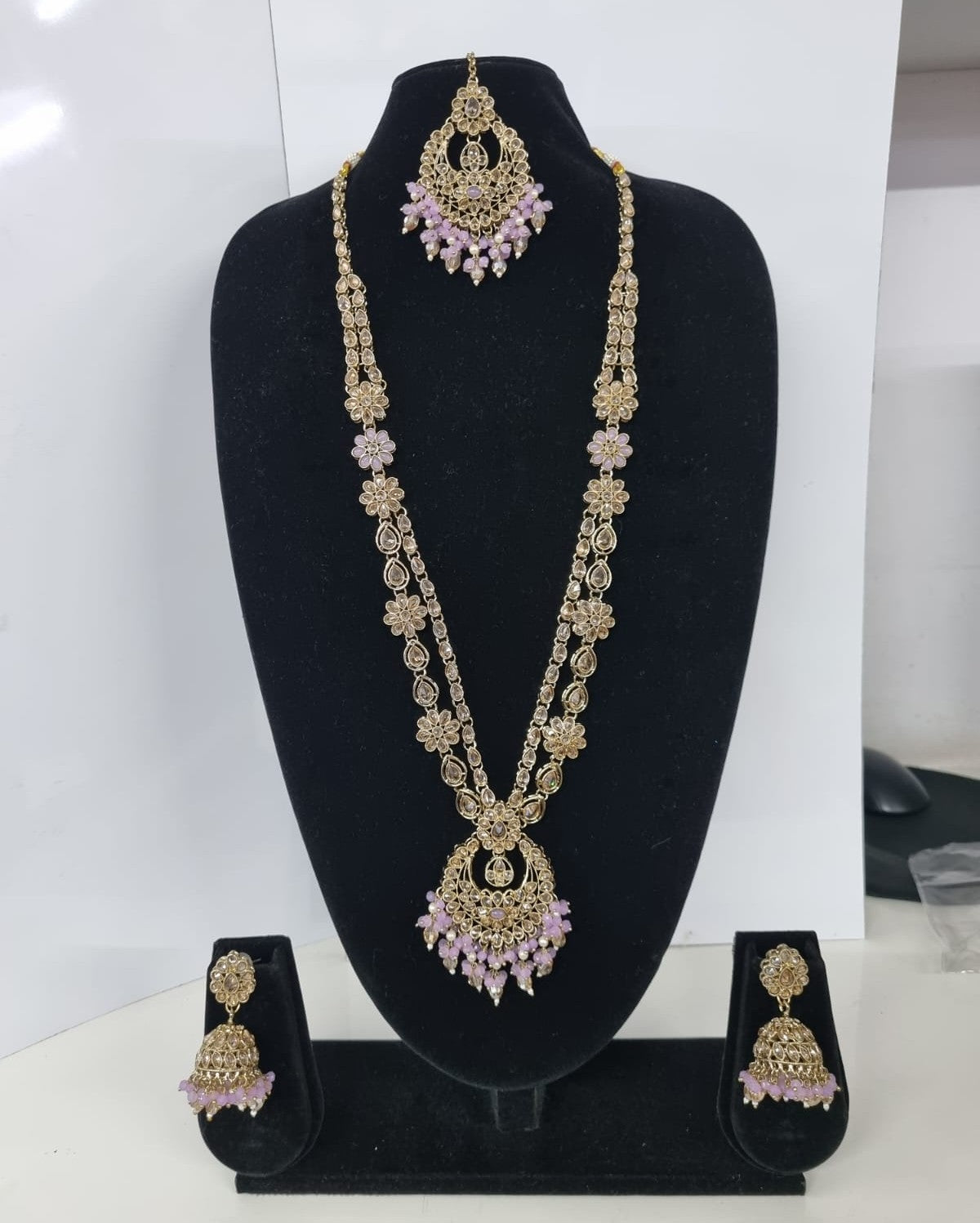 Rose Petal Pink Stone Long Necklace Set with Jhumkas