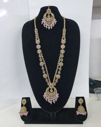 Rose Petal Pink Stone Long Necklace Set with Jhumkas