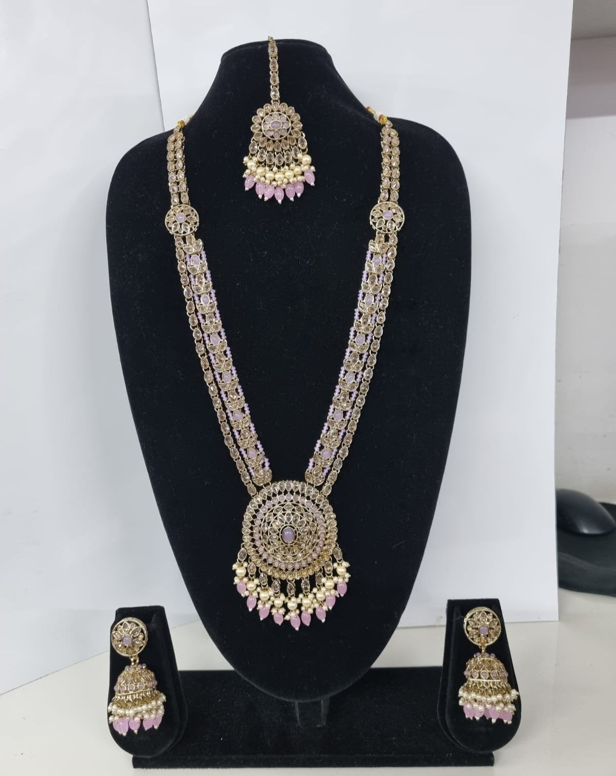 Traditional Pastel Sea Green Long Necklace Set with Jhumkas