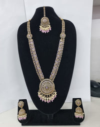 Traditional Pastel Sea Green Long Necklace Set with Jhumkas