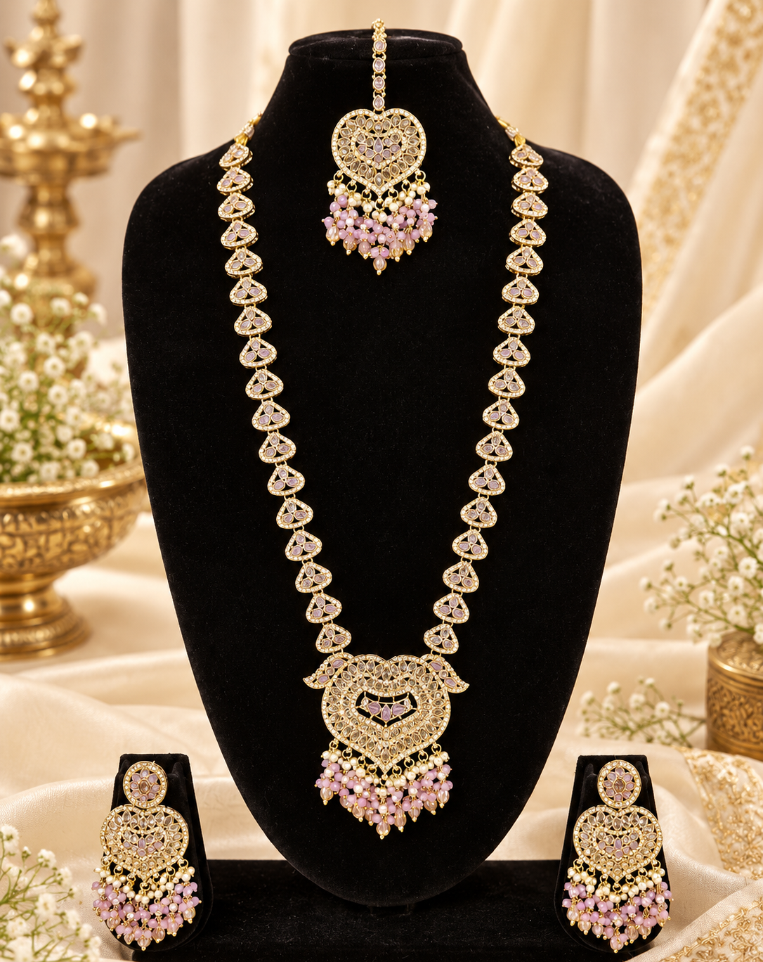 Lavender Purple Heart Shaped Long Necklace Set with Earrings & Maang Tikka