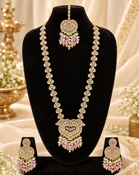 Lavender Purple Heart Shaped Long Necklace Set with Earrings & Maang Tikka