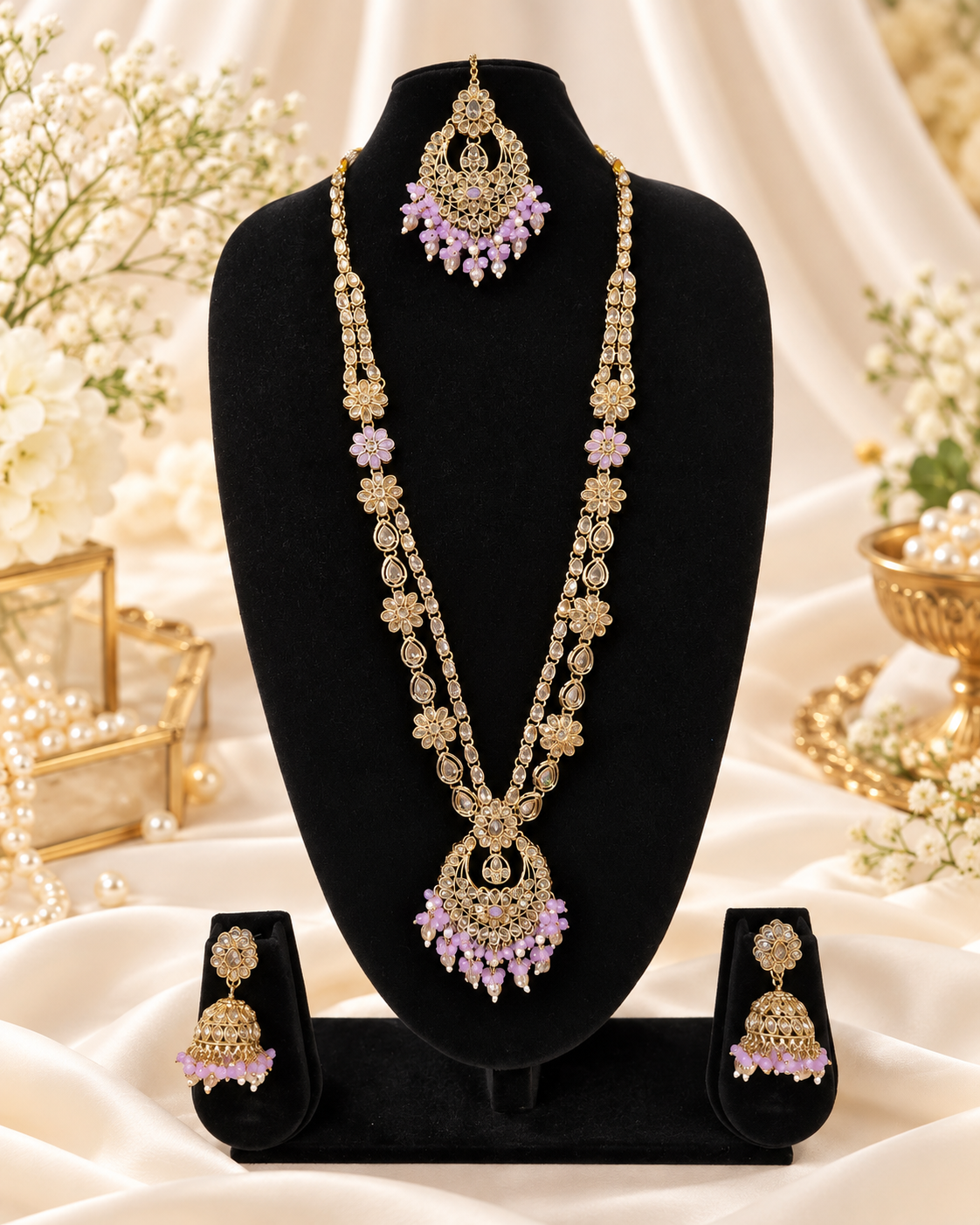 Rose Petal Pink Stone Long Necklace Set with Jhumkas