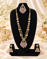 Rose Petal Pink Stone Long Necklace Set with Jhumkas
