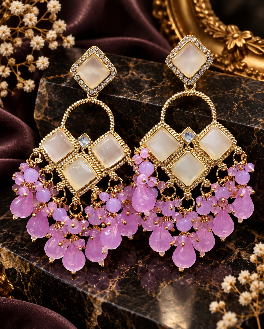 Square Stone Earrings Gold Plated Geometric Drop Dangles