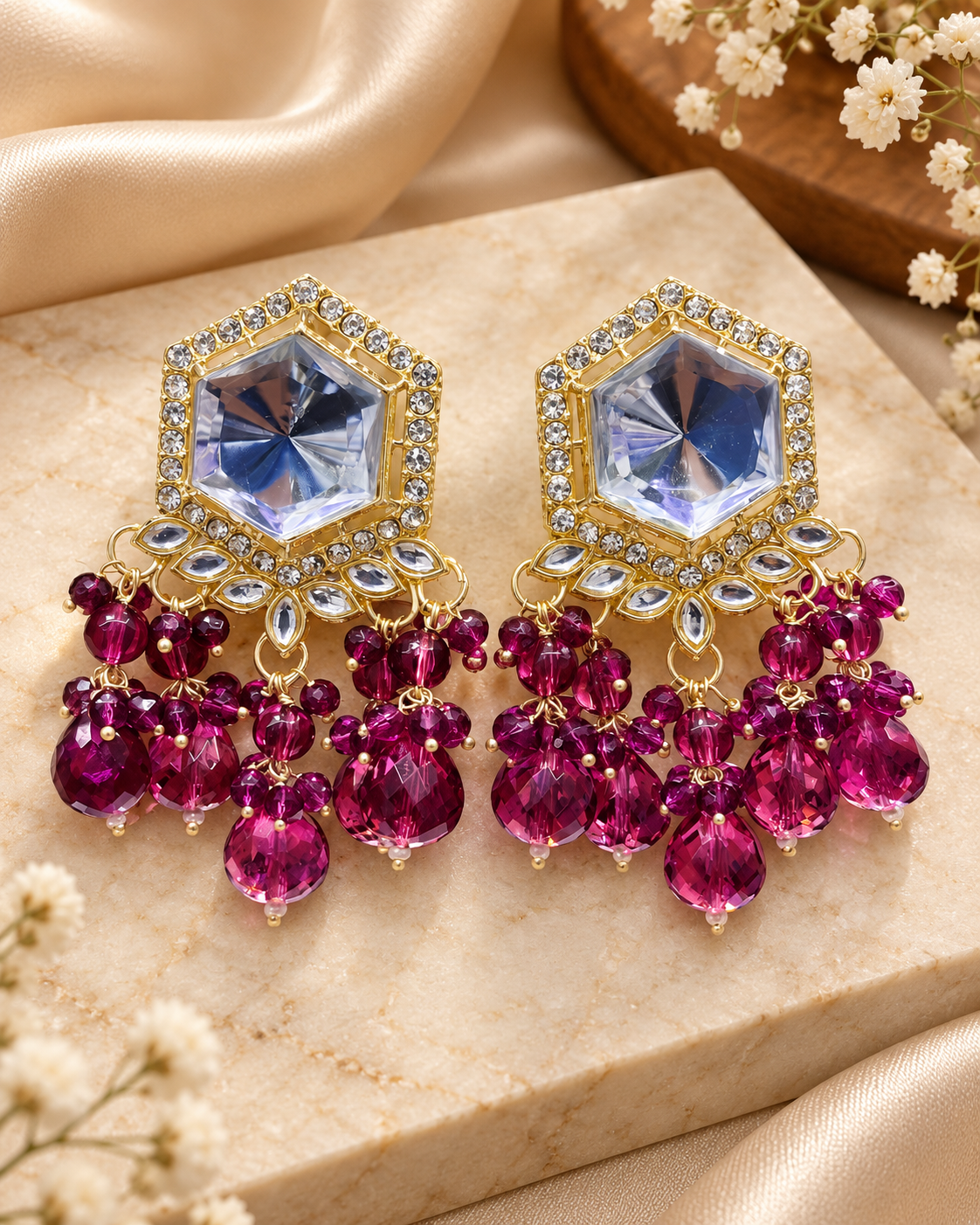 Traditional Hexagon Kundan Earrings Gold Plated Earrings for Woman Dangles