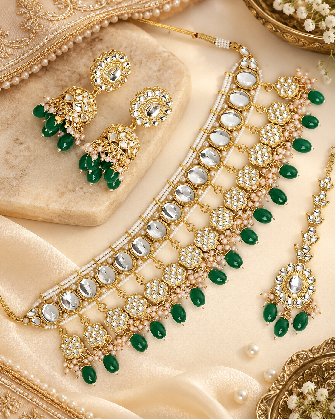 DESIGNER ANTIQUE POLISH PATWA NECKLACE SET WITH MAANG TIKKA FOR GIRLS & WOMEN