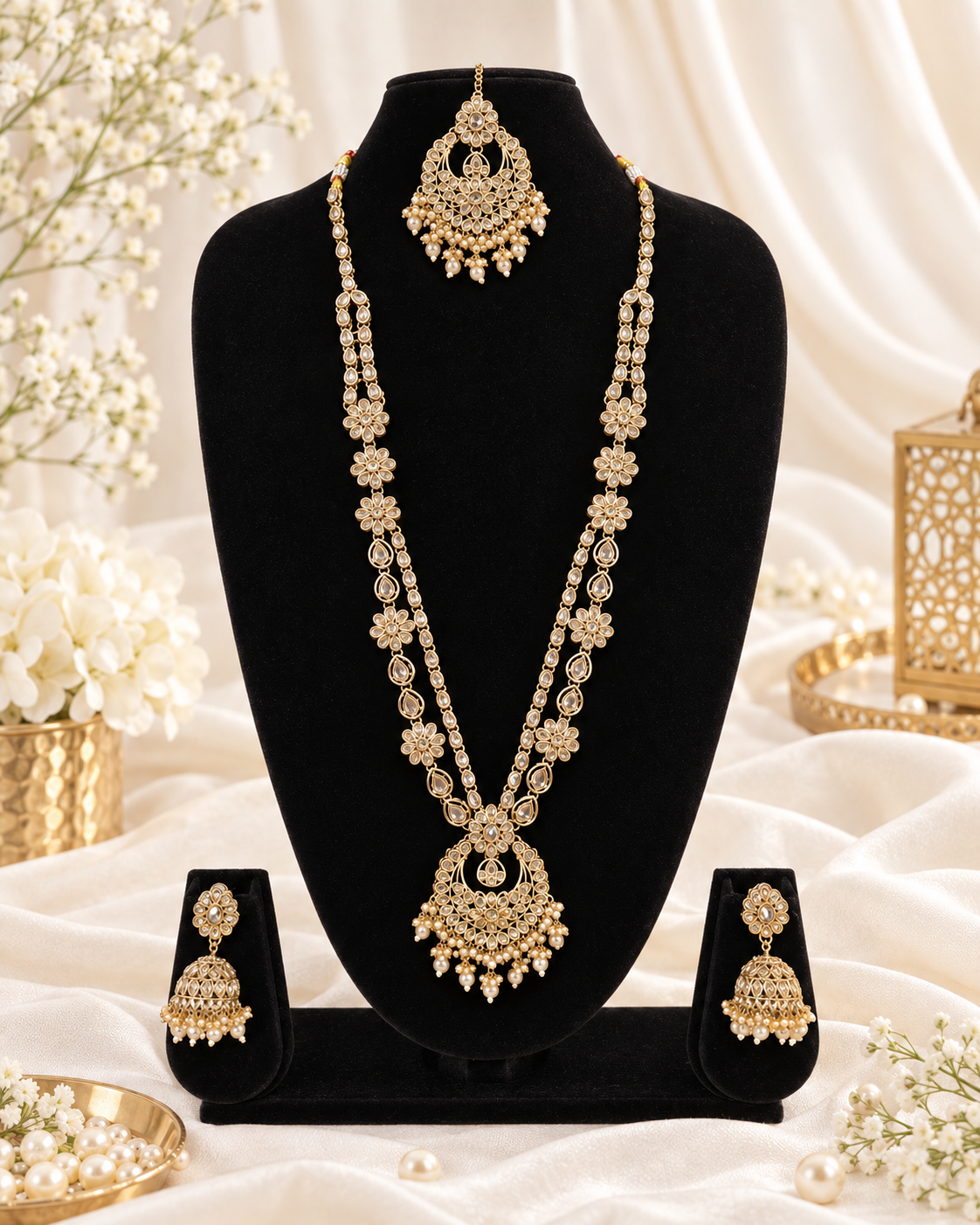 Rose Petal Pink Stone Long Necklace Set with Jhumkas