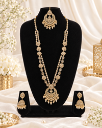 Rose Petal Pink Stone Long Necklace Set with Jhumkas
