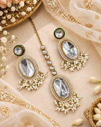 Oval Shape Stone Earrings & Maang Tikka Set