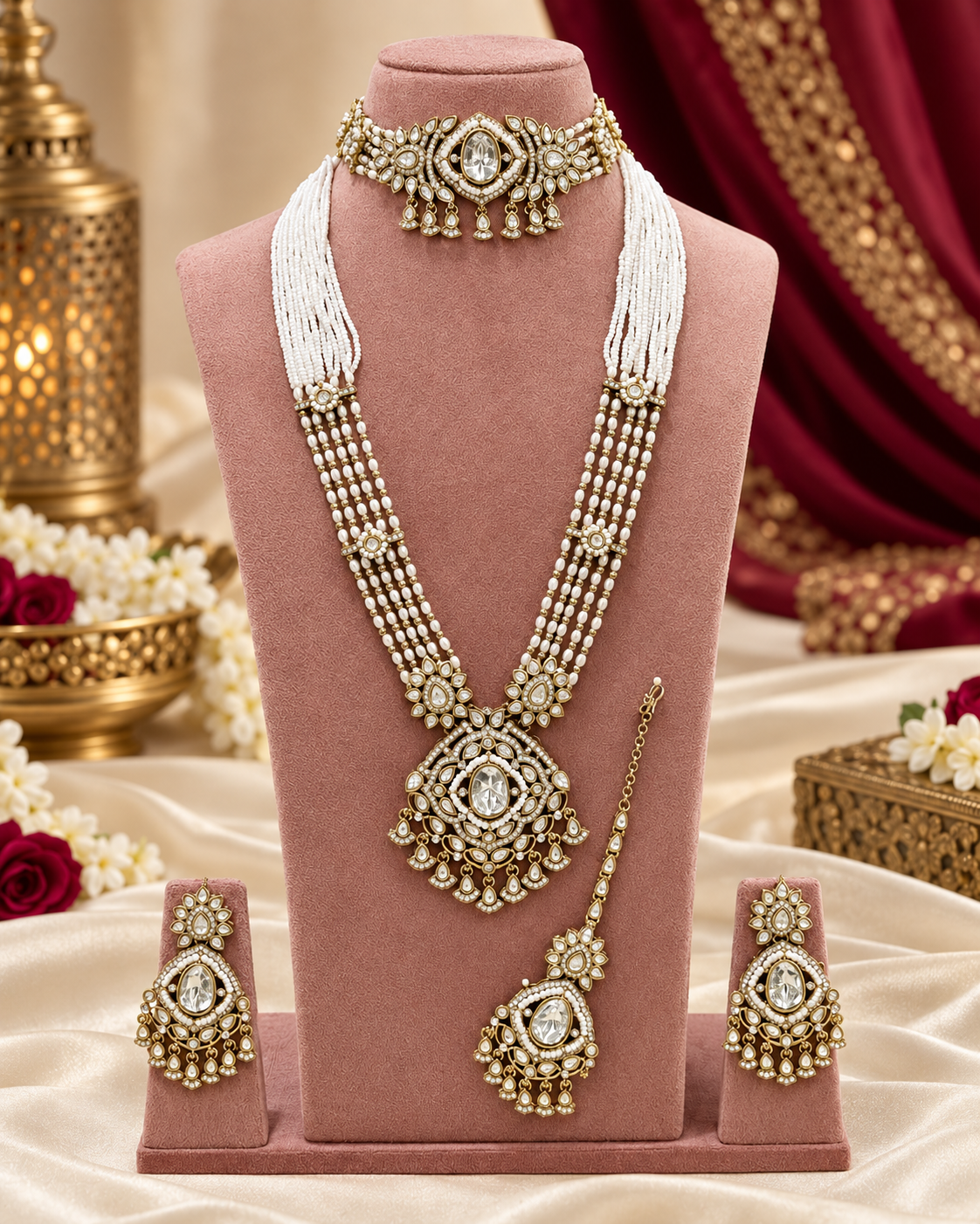 Kundan Bridal Jewelry Set with Choker, Rani Haar, Earrings & Maang Tikka