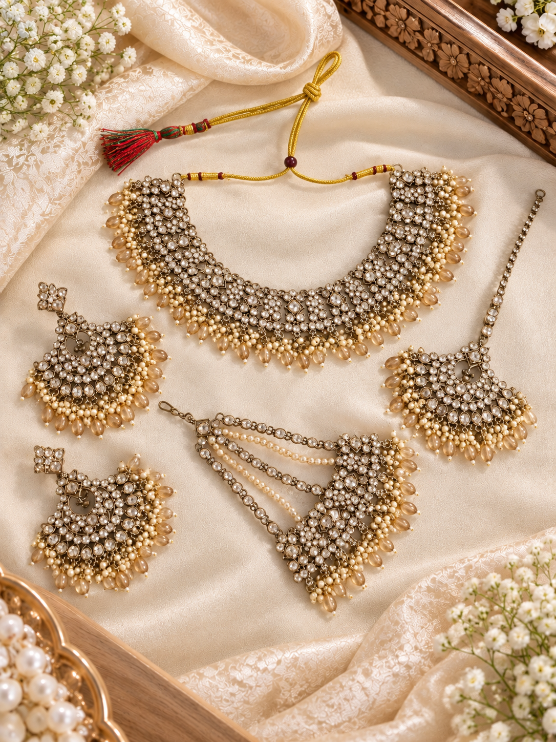 Bridal Collection Choker Necklace Set With Dangle Drop Earring For Woman