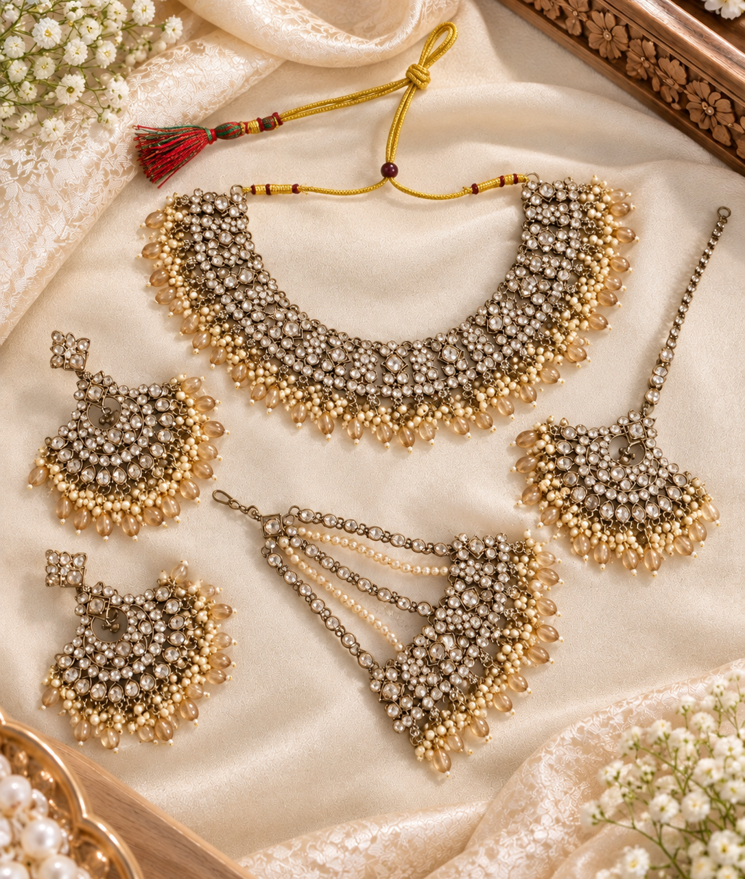 Bridal Collection Choker Necklace Set With Dangle Drop Earring For Woman
