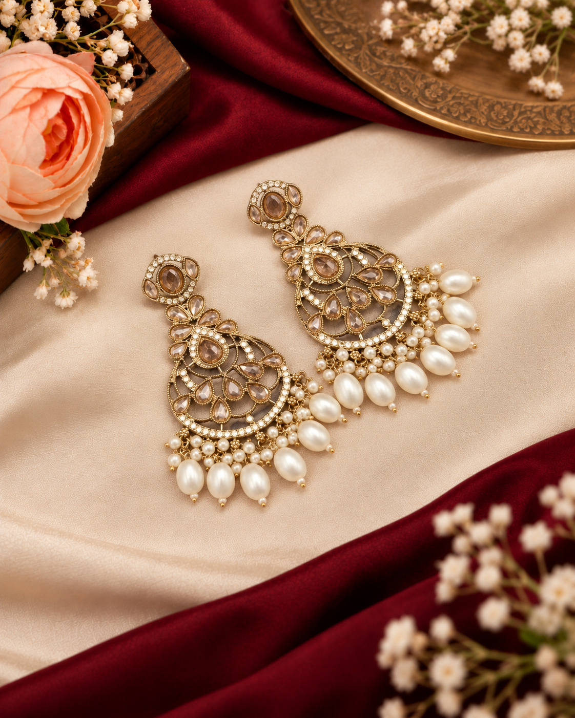 Intricate Chandbali Statement Earrings with Pearl Cluster Drops