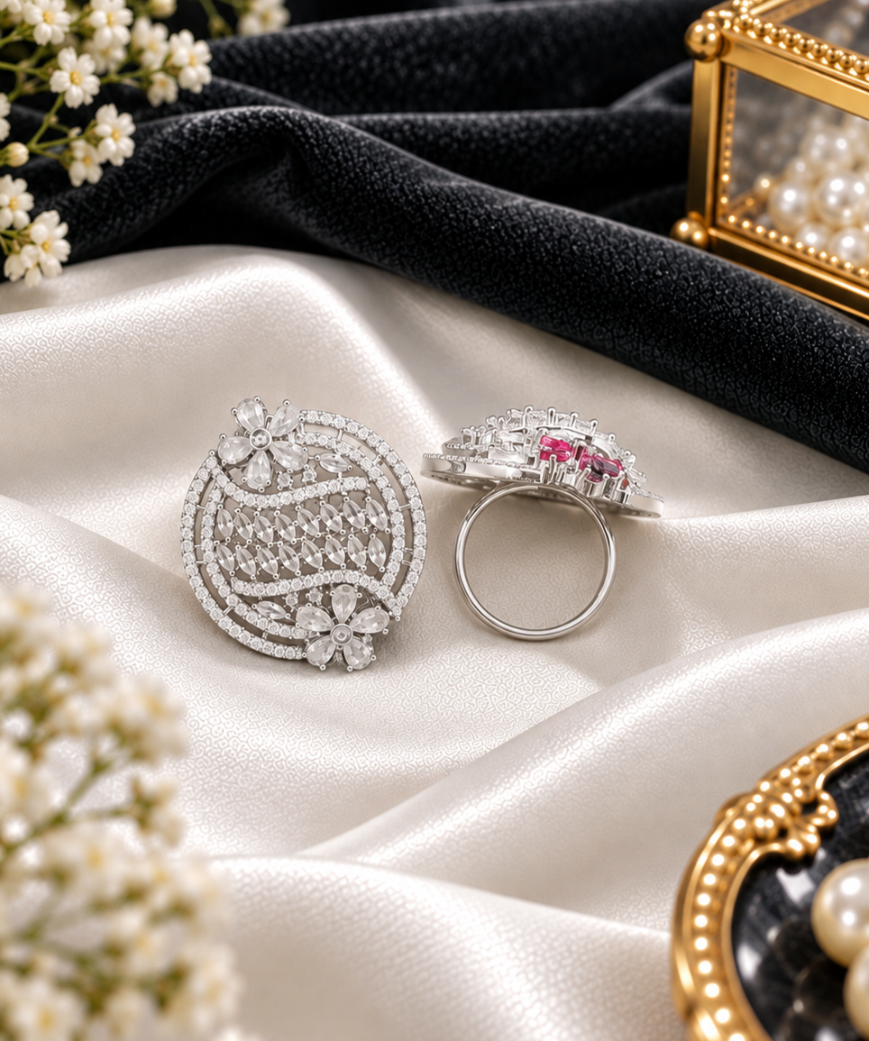 Sapphire Blue Floral Shield Statement Ring
