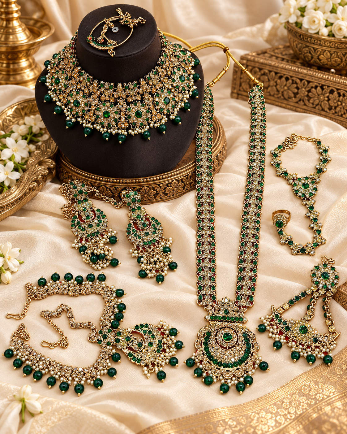 Deep forest green stones & Gold Bridal Jewelry Set