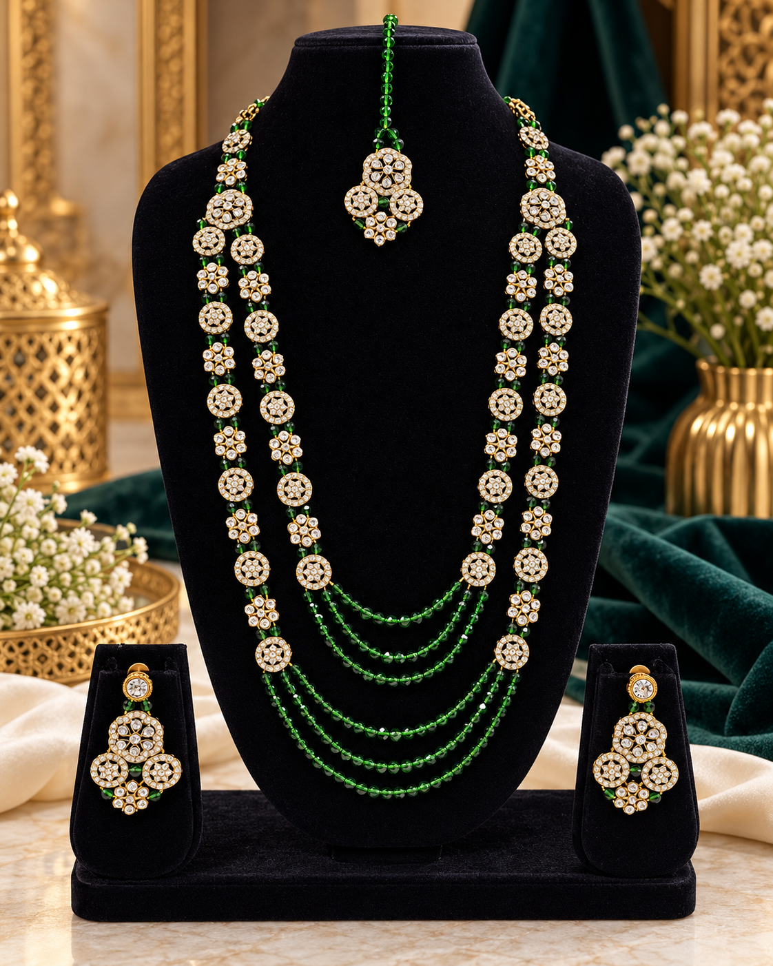 Elegant Crystal Rani Haar Jewellery Set with Matching Cluster Earrings and Tikka