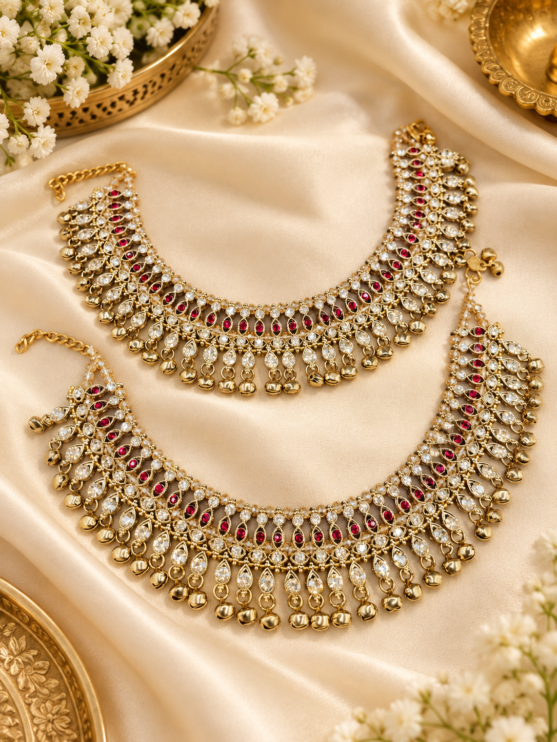 Ornate Crystal Stone Payal Pair with Ghungroo Charms