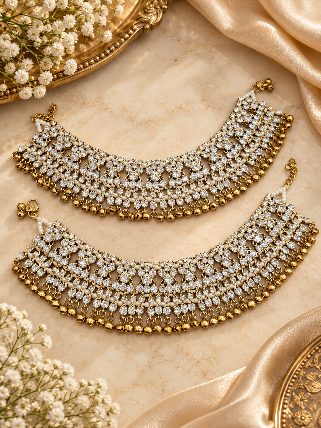 Ornate Crystal Stone Heavy Payal Pair with Ghungroo Charms