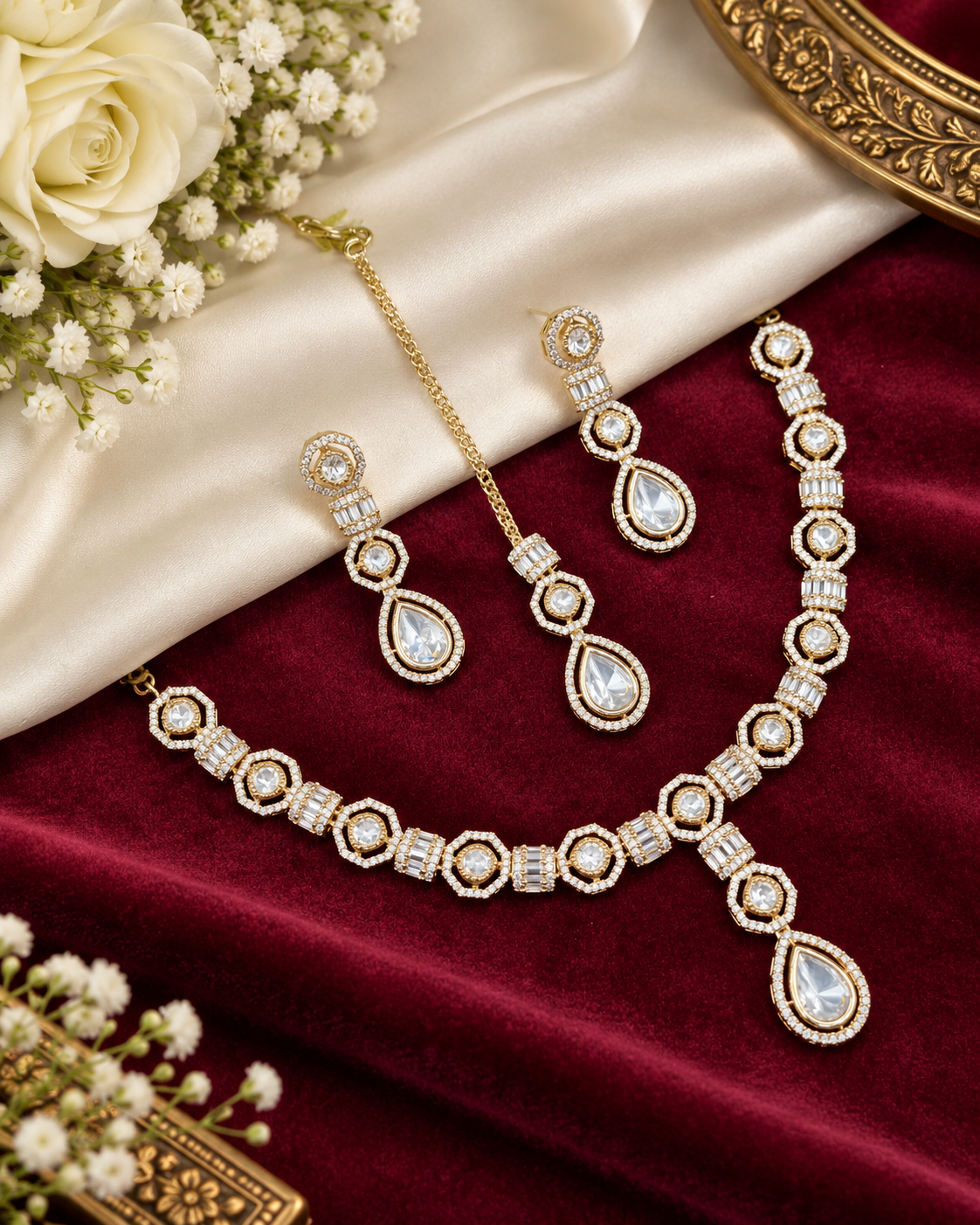 Elegant Teardrop Choker Set with Matching Tikka & Earrings