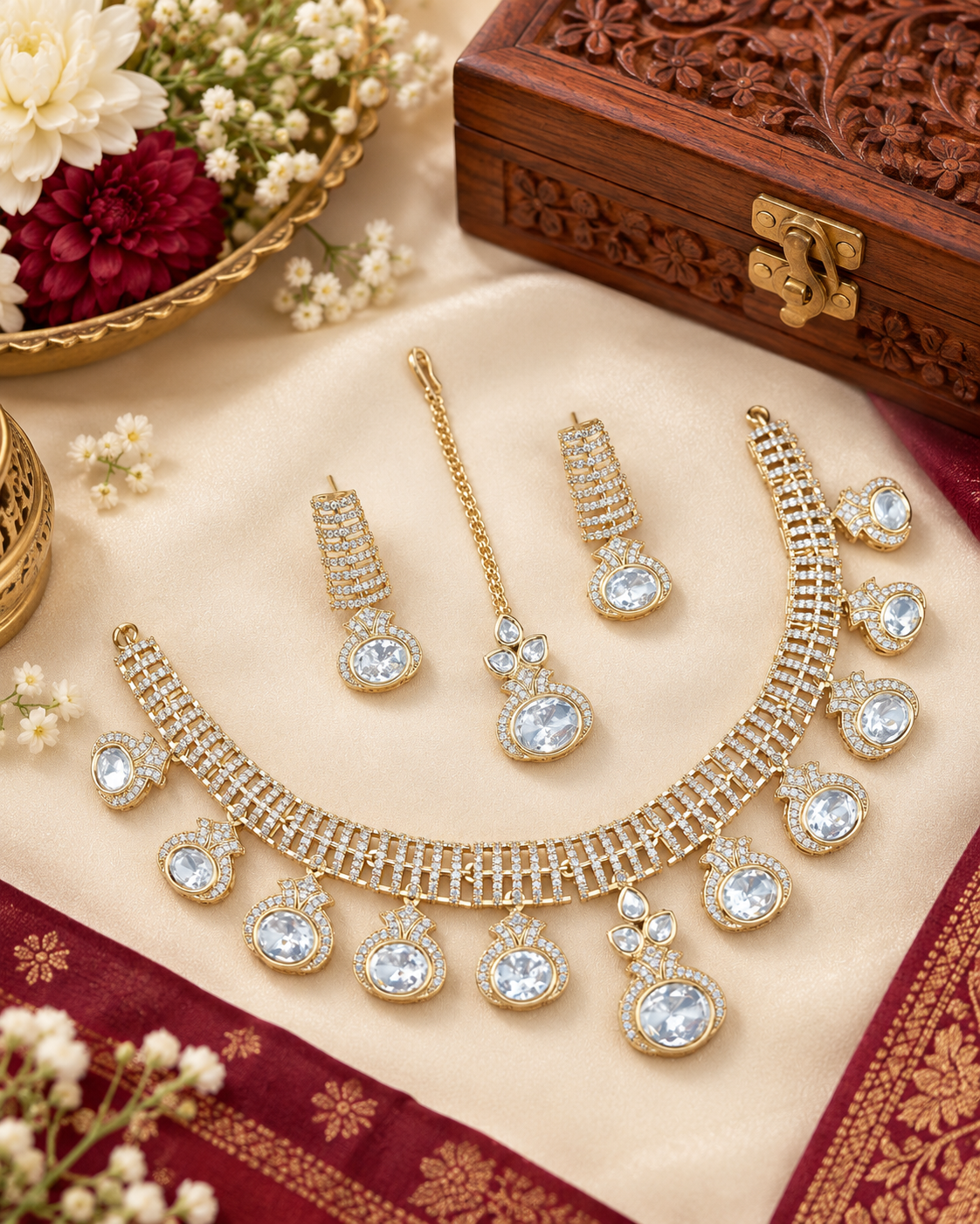 Modern Stone Choker Necklace Set with Matching Earrings & Maang Tikka