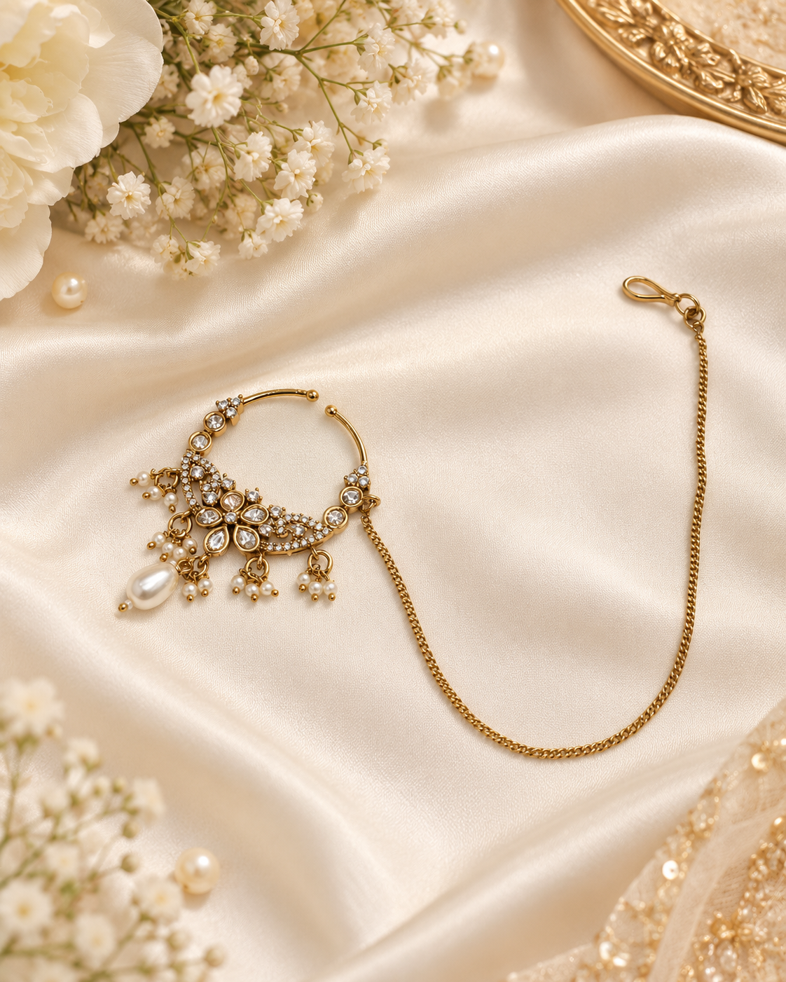 TRADITIONAL KUNDAN & DROP BEAD NOSE RING WITH HAIR CHAIN