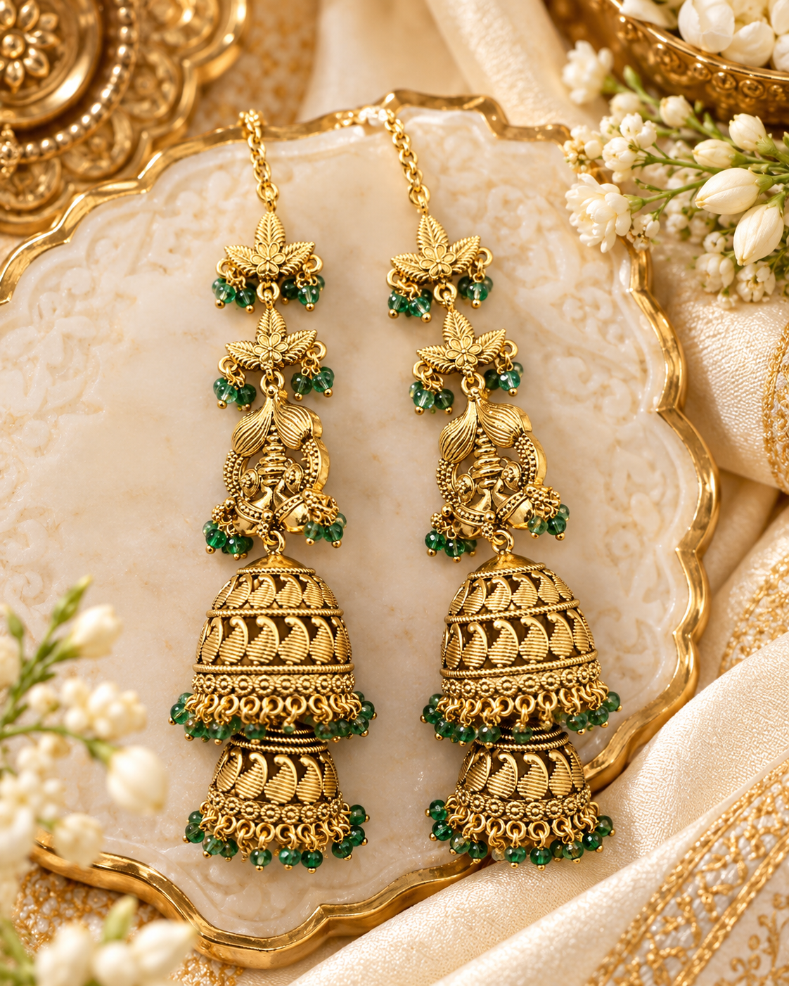 Ethnic Temple Motif Layered Jhumkas with Hair Chains