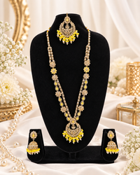 Rose Petal Pink Stone Long Necklace Set with Jhumkas