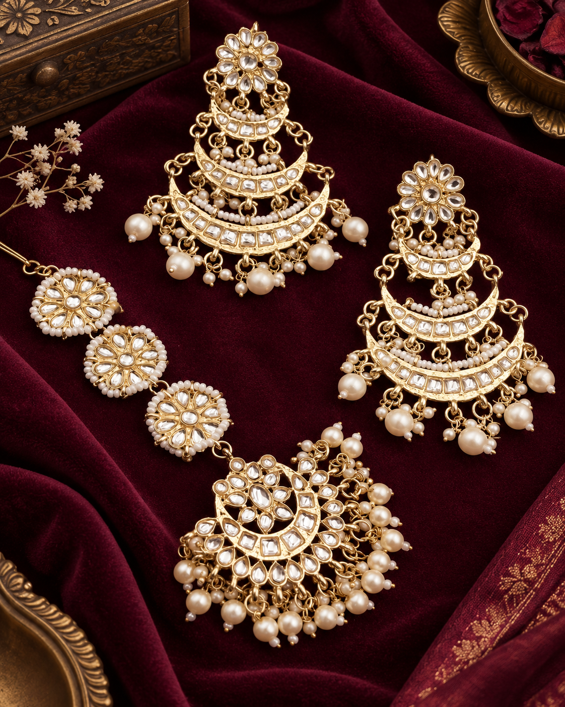 Traditional Royal  Maang Tikka Earring Set Gold-Plated Chandbali Earring and Mangtika
