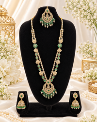 Rose Petal Pink Stone Long Necklace Set with Jhumkas
