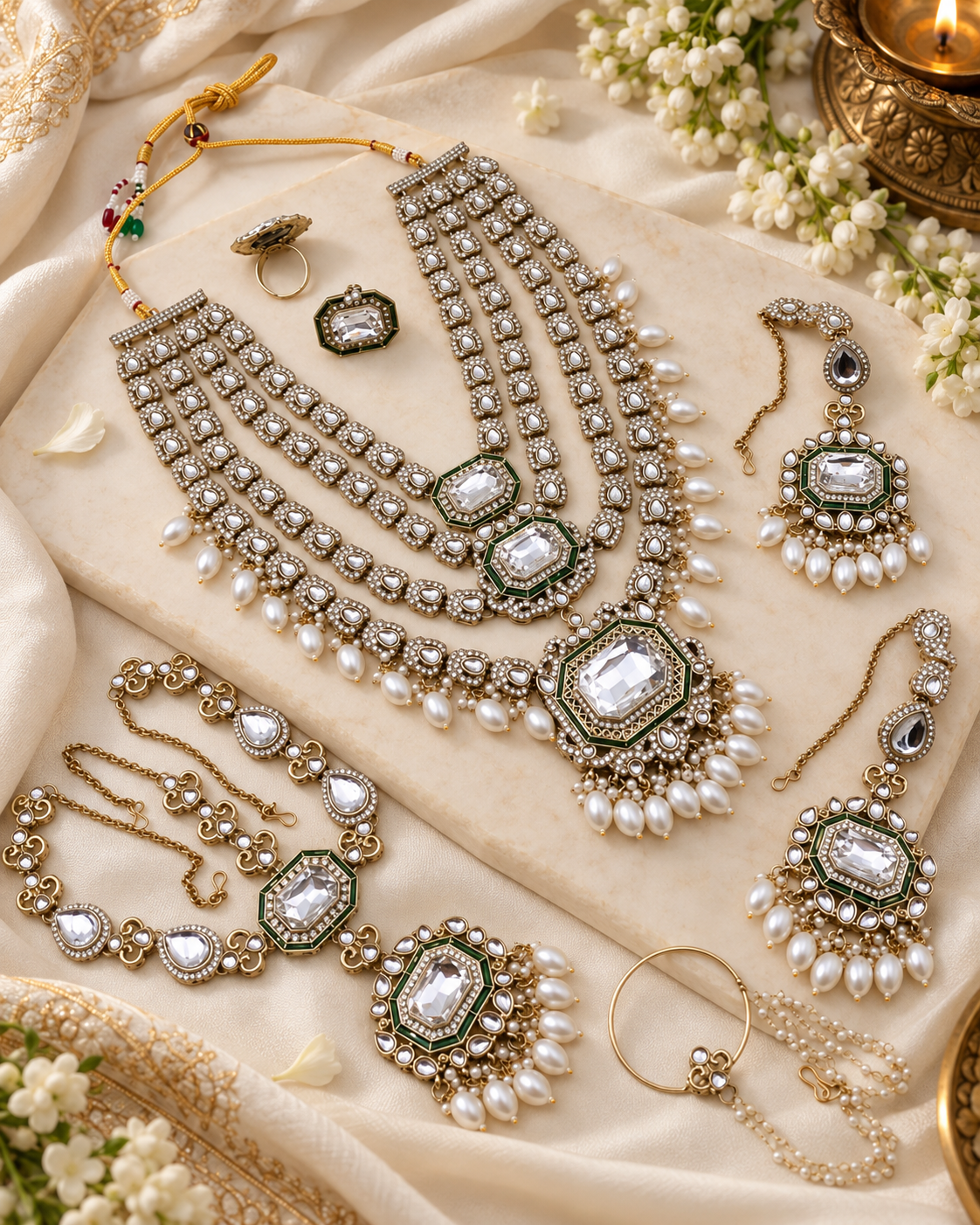 Kundan Layered Rani Haar Bridal Jewellery Set with Earrings, Matha Patti, Nath & Rings
