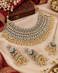 Bridal Rhinestone & Pearl Choker Necklace Set with Earrings & Maang Tikka