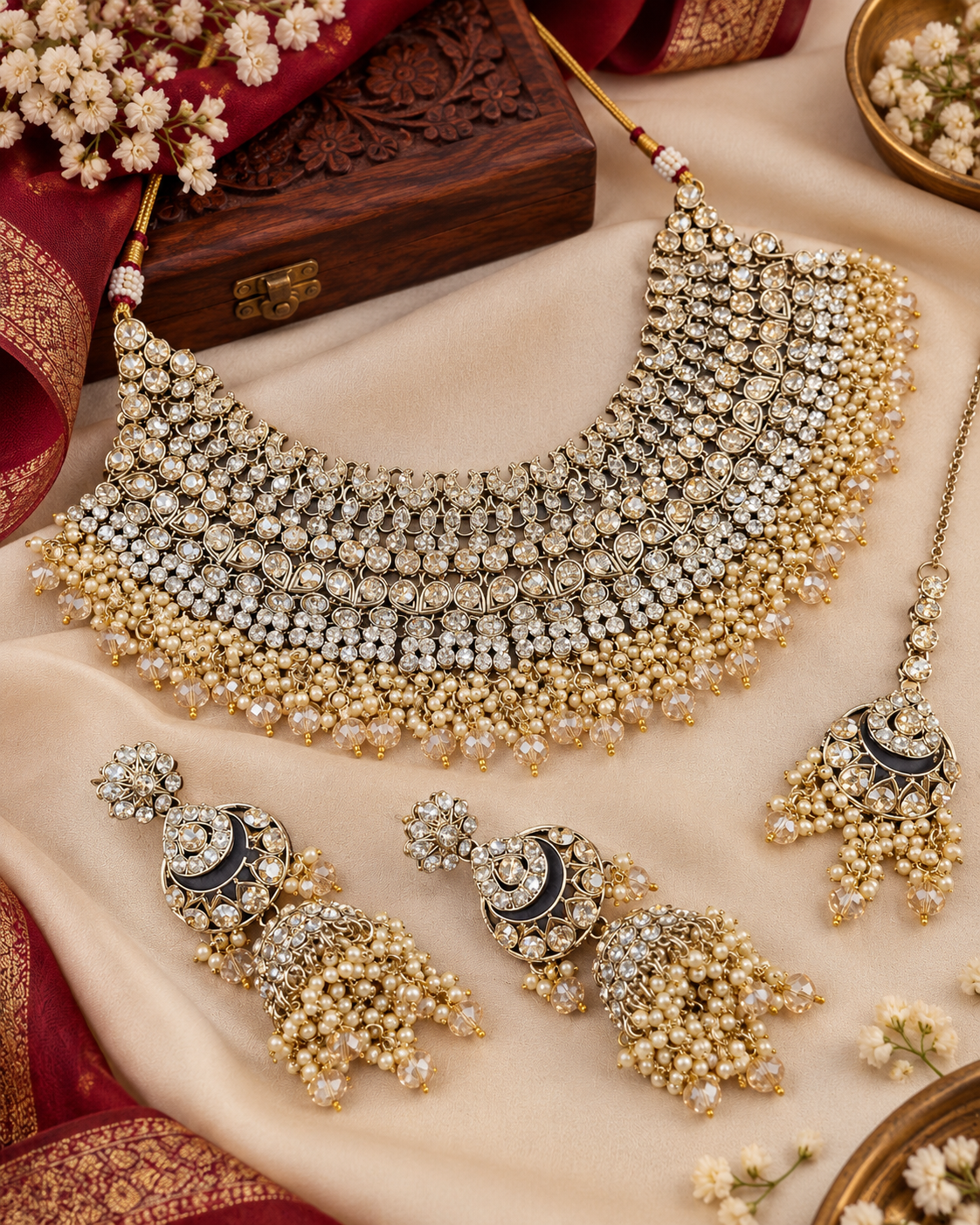 Bridal Rhinestone & Pearl Choker Necklace Set with Earrings & Maang Tikka