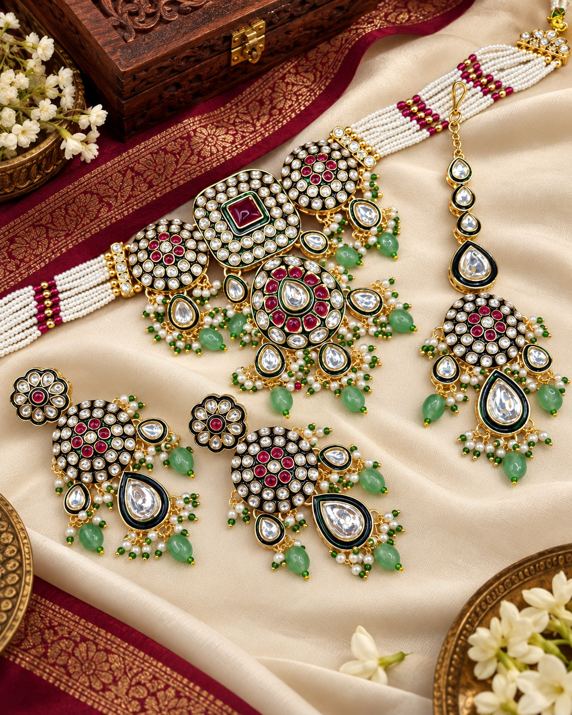 Royal Kundan & Pearl Choker Necklace Set with Maang Tikka & Earrings