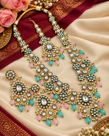 Long Kundan Haar Set with Earrings & Maang Tikka