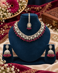 Zricon Dual-Row Collar Necklace Set with Jhumkas & Maang Tikka