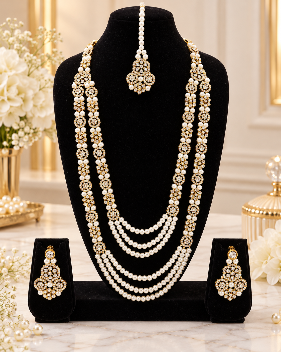 Elegant Crystal Rani Haar Jewellery Set with Matching Cluster Earrings and Tikka