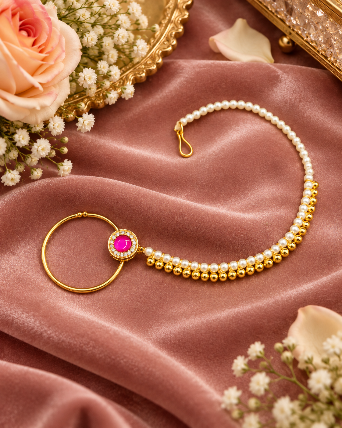 Traditional Stone-Studded Nath Ring with Pearl Support Chain