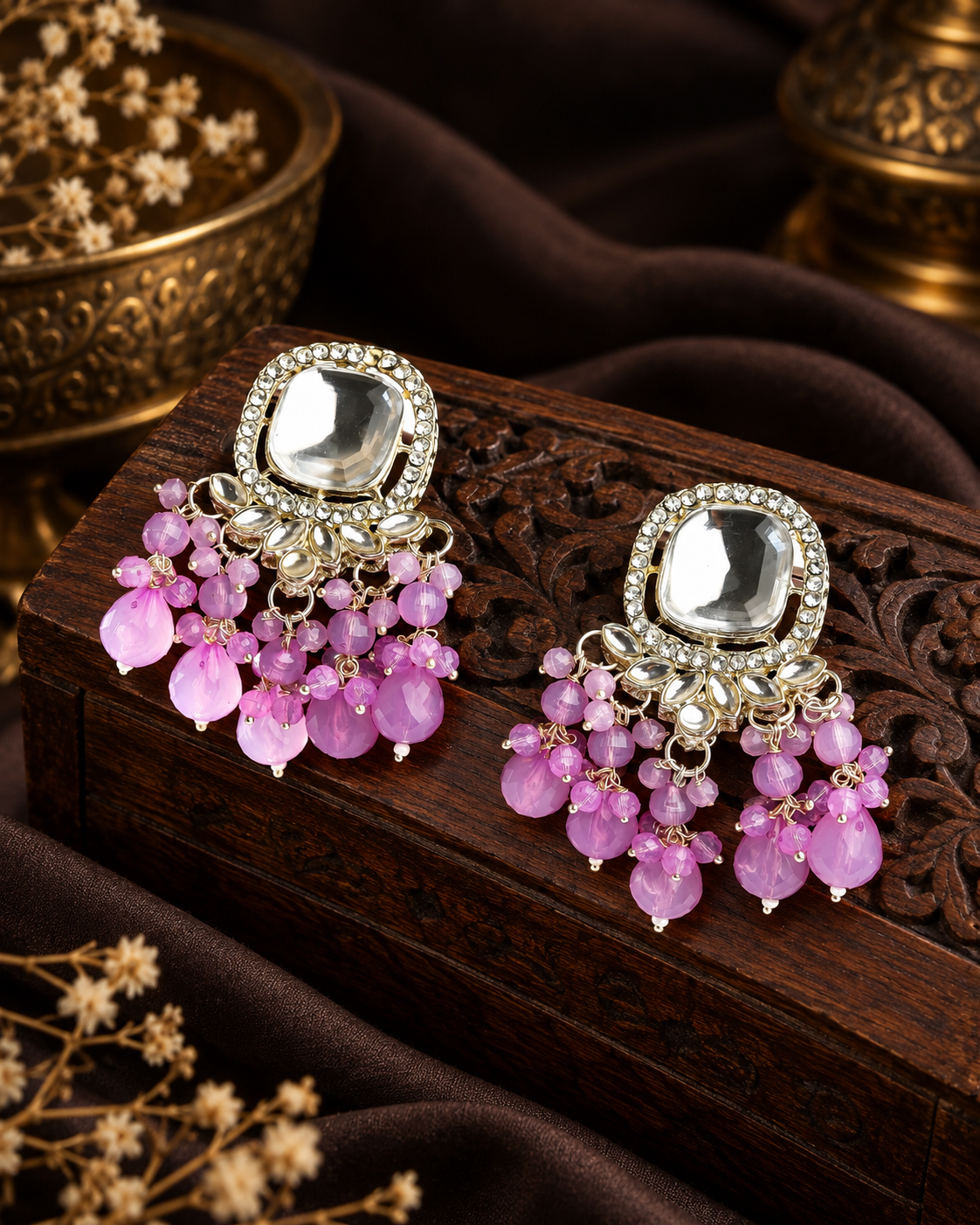 Square Kundan Earrings with Round Crystal Centerpiece Gold Plated Earrings