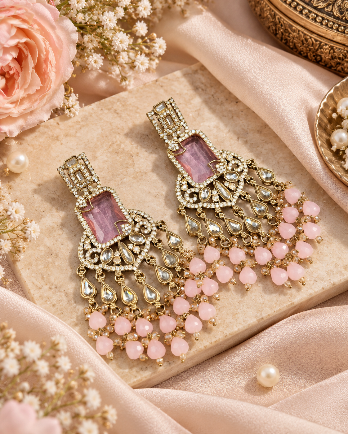 Pearl Fringe Statement Chandelier Earrings