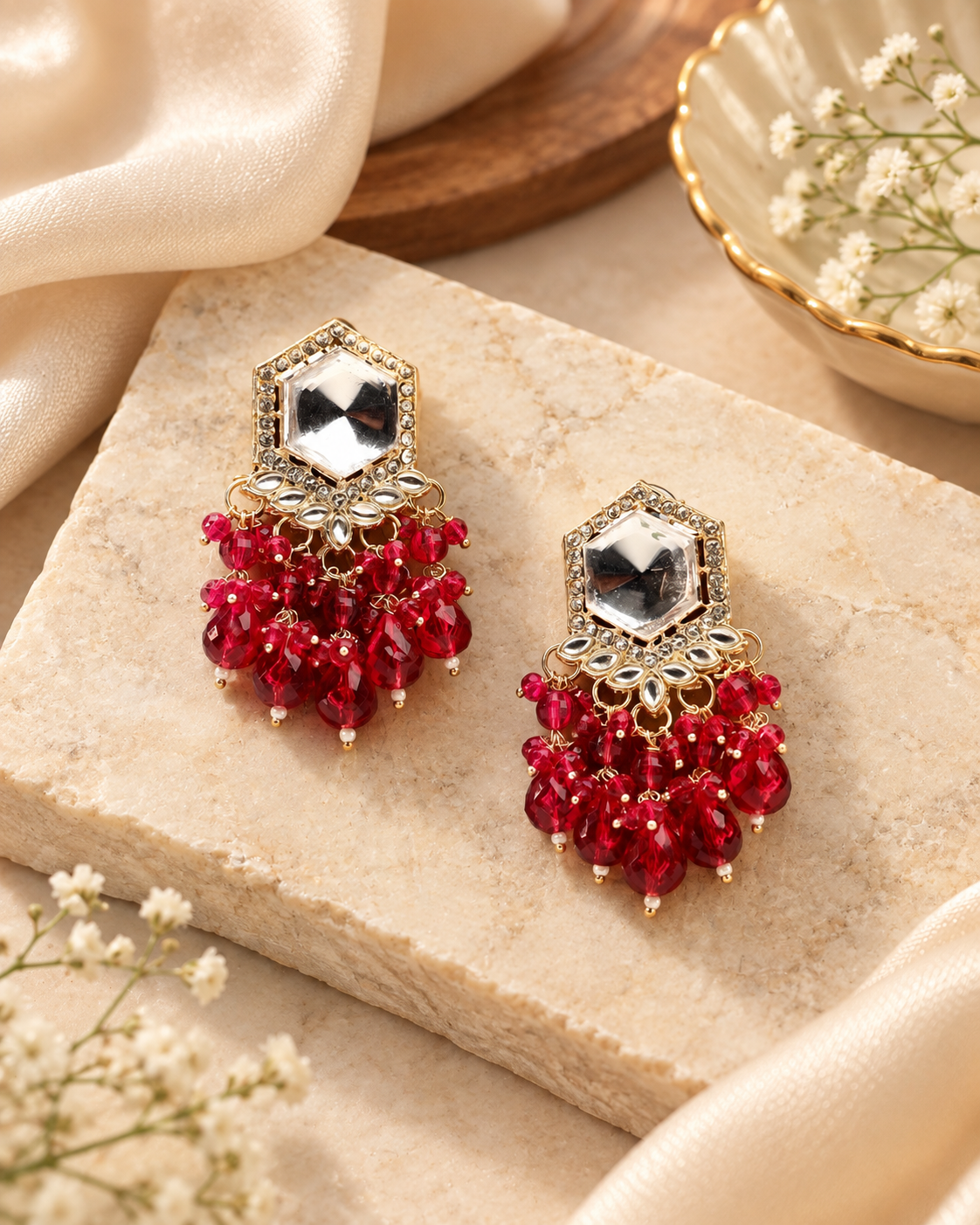 Traditional Hexagon Kundan Earrings Gold Plated Earrings for Woman Dangles
