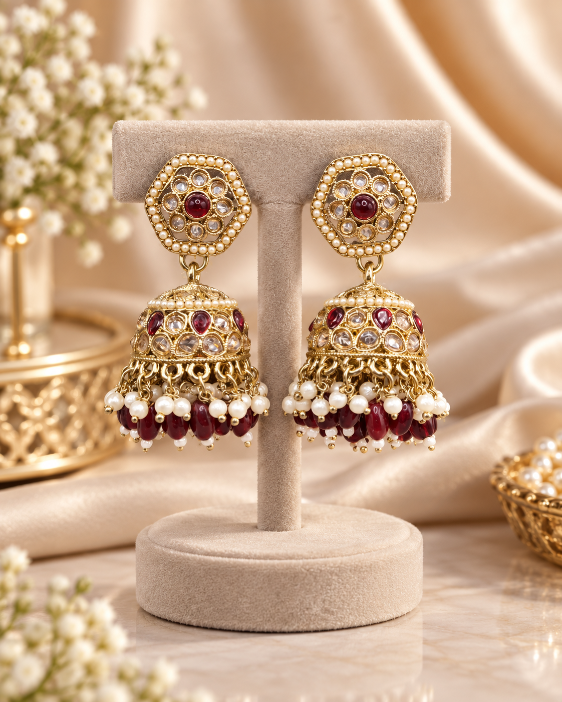 Maroon Antique Gold Jhumkha Earrings