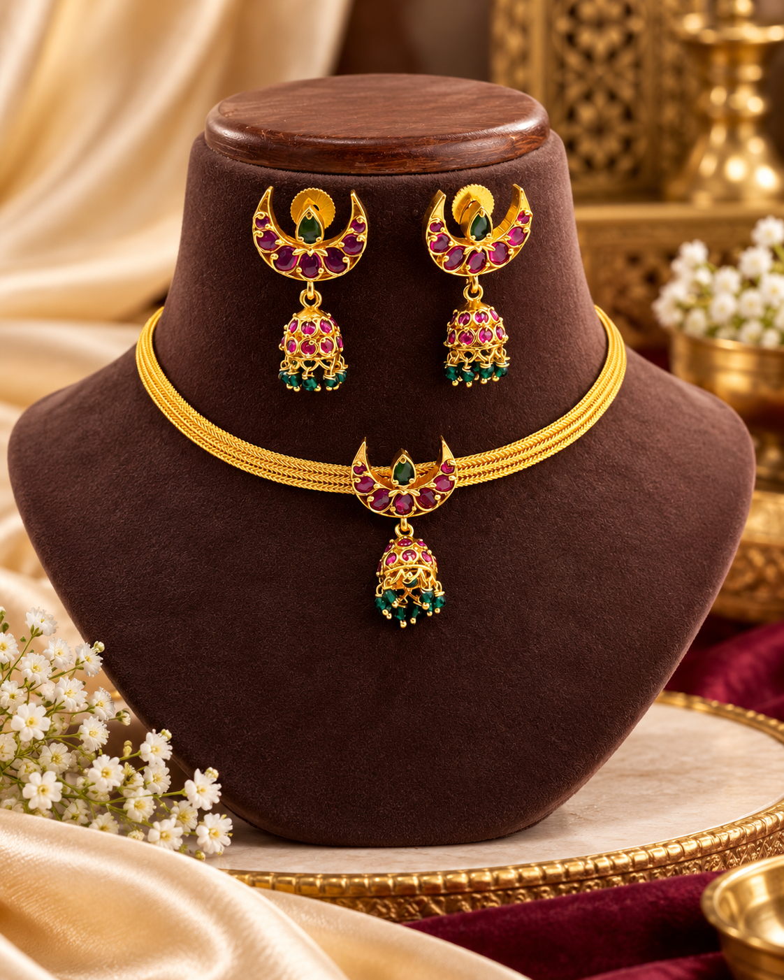Crescent Moon Necklace Set with Ruby & Emerald Toned Stones