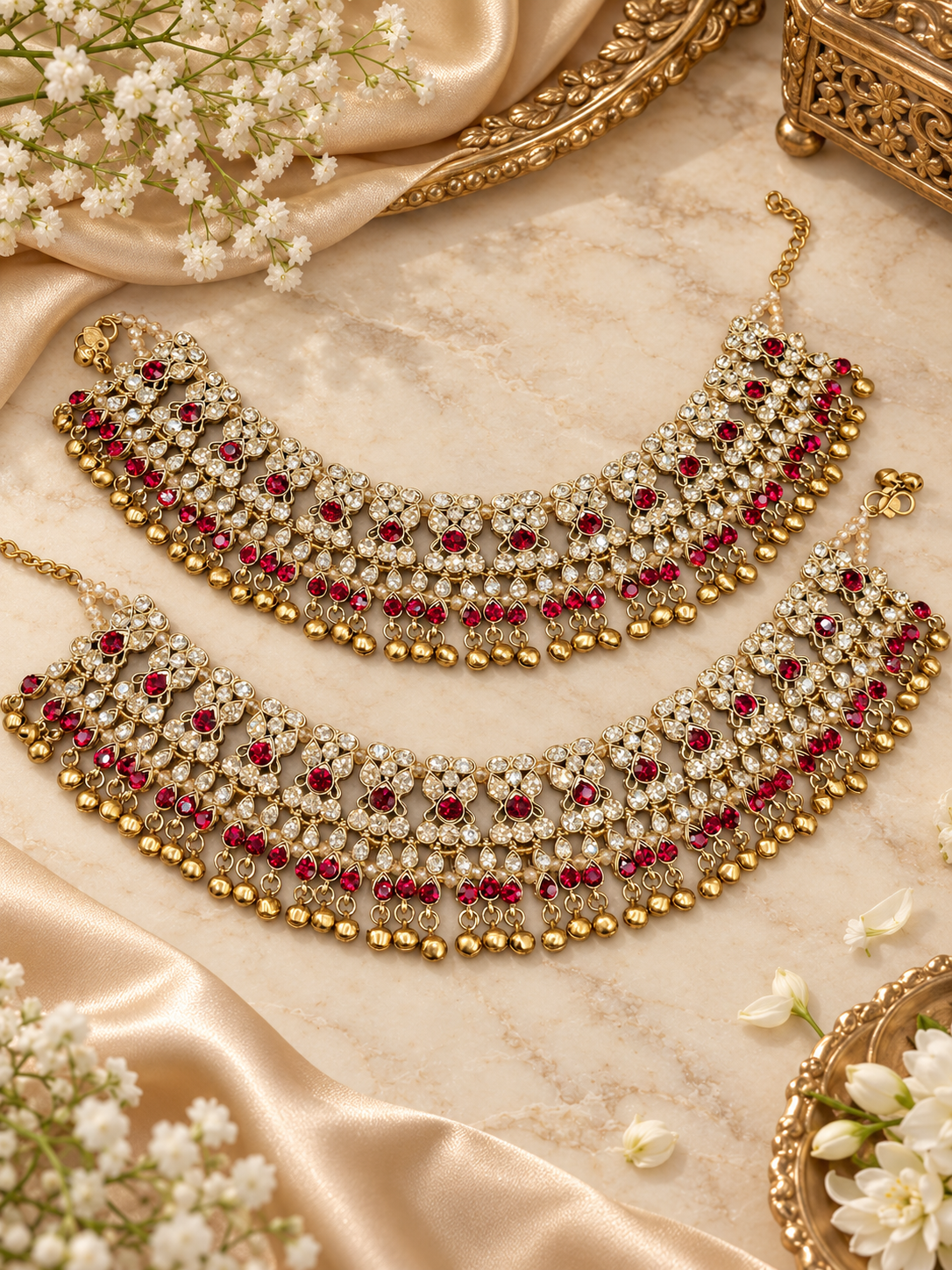 Ornate Crystal Stone Heavy Payal Pair with Ghungroo Charms