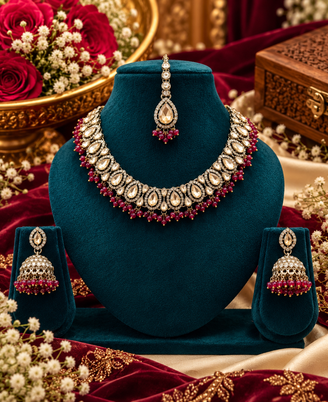 Zricon Dual-Row Collar Necklace Set with Jhumkas & Maang Tikka